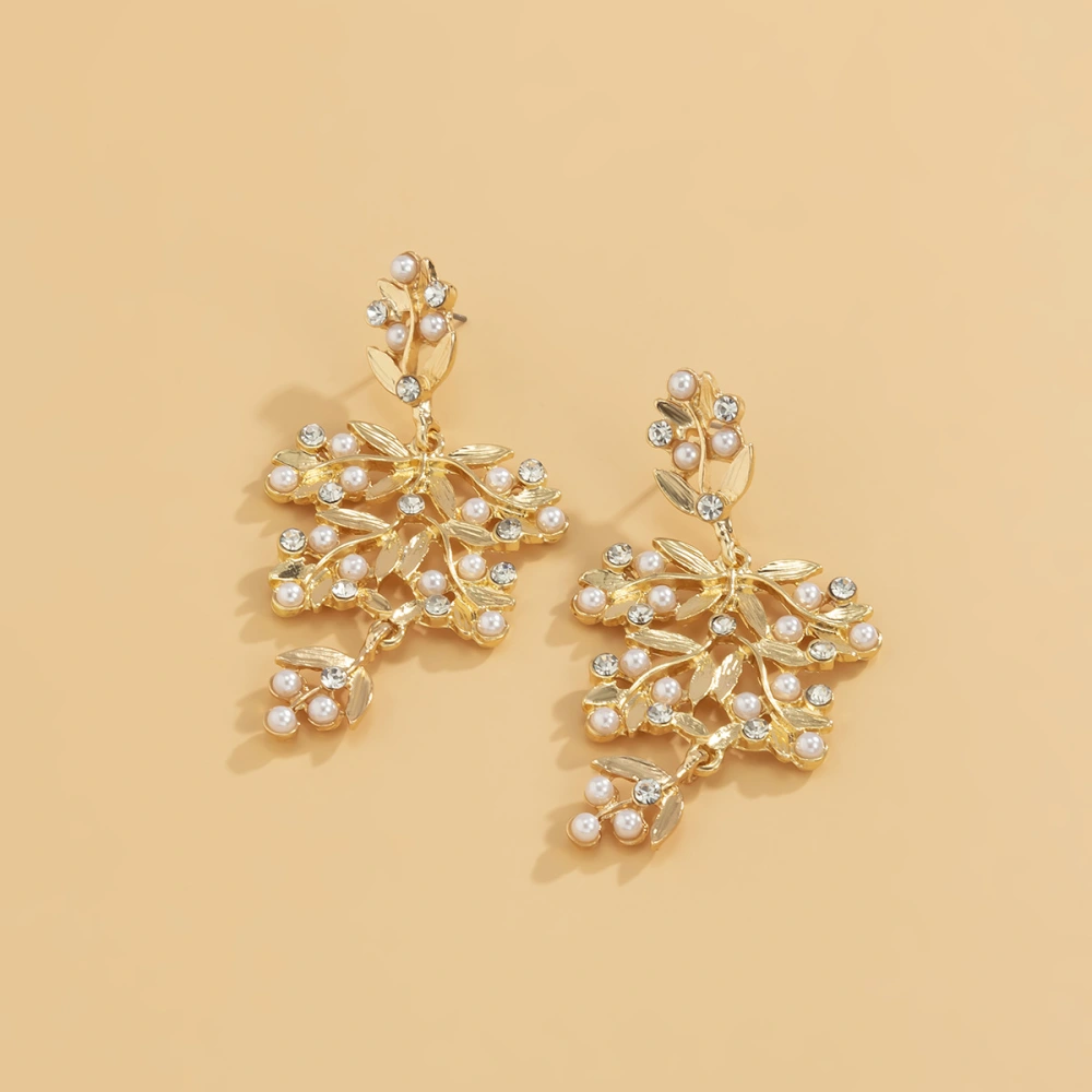 French Retro Hollow Micro Inlaid Pearl Leaf Earrings