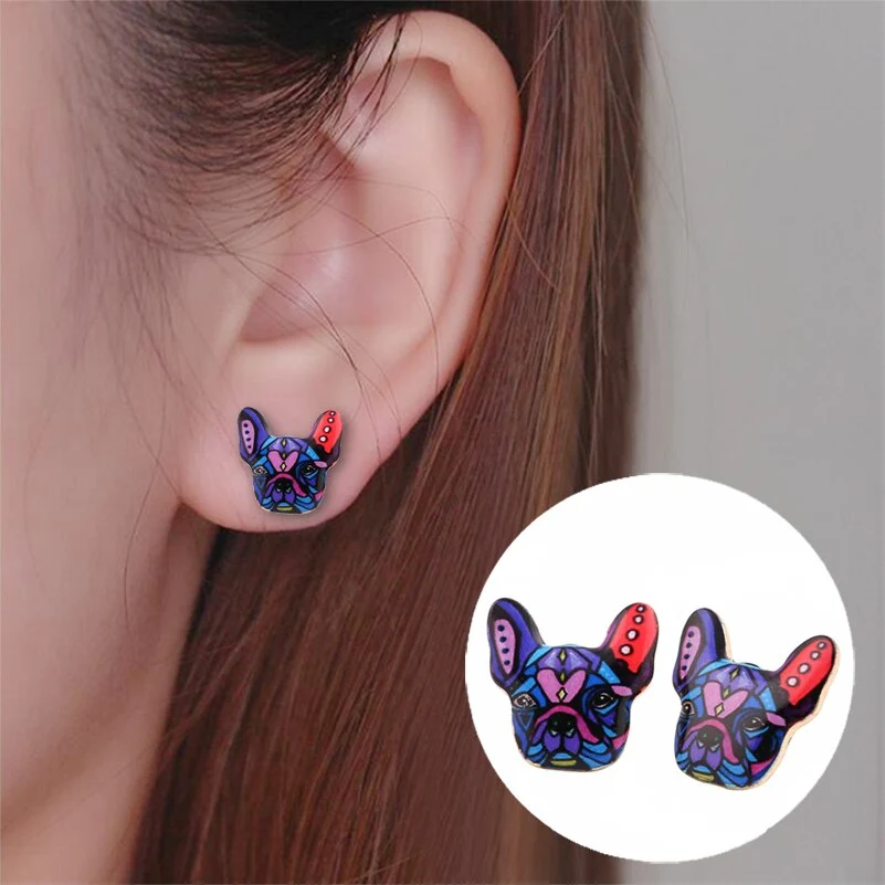 Colorful French Bulldog Stud Earrings