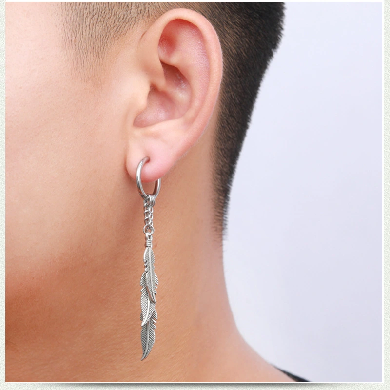 Fringe Chain Male Hipster Leaf Pierced Earrings