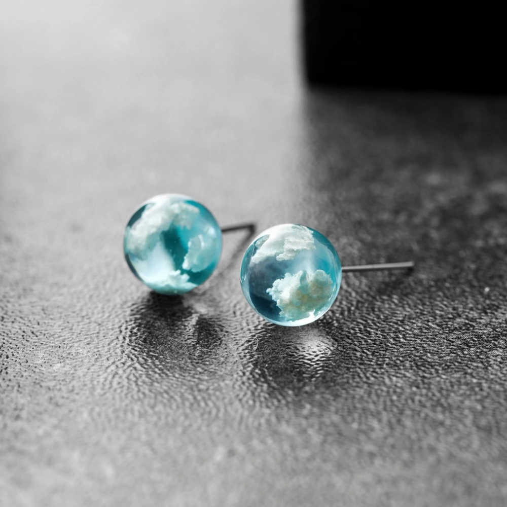 Blue sky and white clouds transparent spherical resin earrings