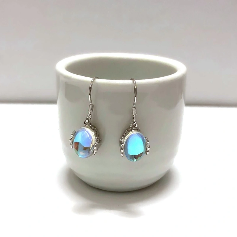 Moonstone Teardrop Earrings Oval Opal Copper Droplets Dangle Earrings