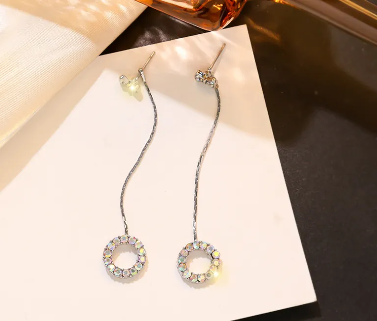 S925 silver needle simple fashion wild long bow color diamond circle earrings earrings earrings