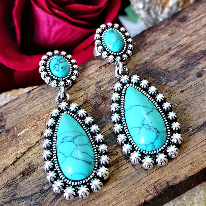 Creative drop-shaped antique silver and turquoise earrings