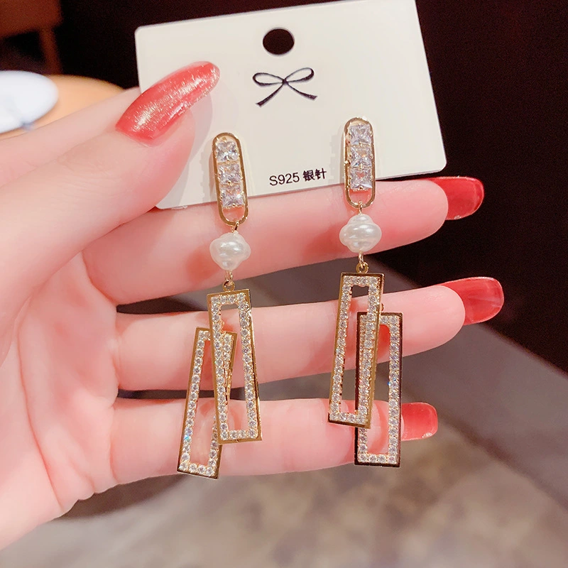 Fashion Rectangular Zircon Long Earrings Women