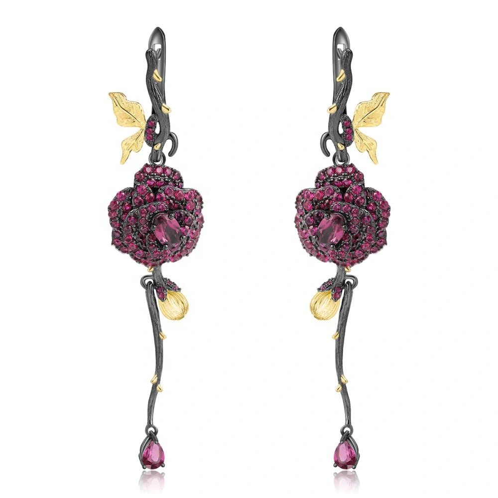 Garnet Sterling Silver Rose Earrings Women