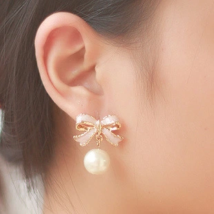 Shell pearl bow drop oil without pierced ear clip