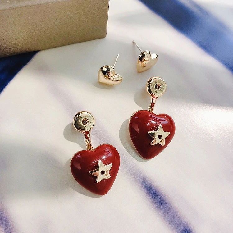 Vintage red peach heart earrings love pentagon