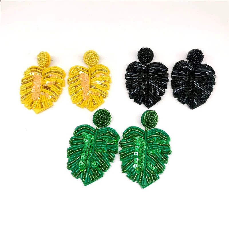 Leaf hand-beaded shiny earrings