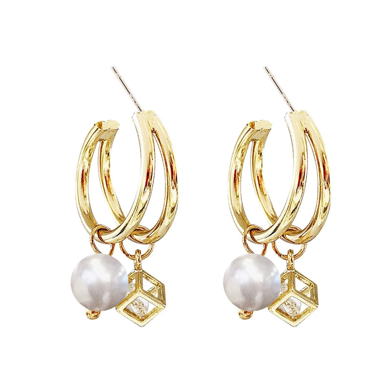 Korean Pearl Zircon Exaggerated Fashion Hoop Earrings