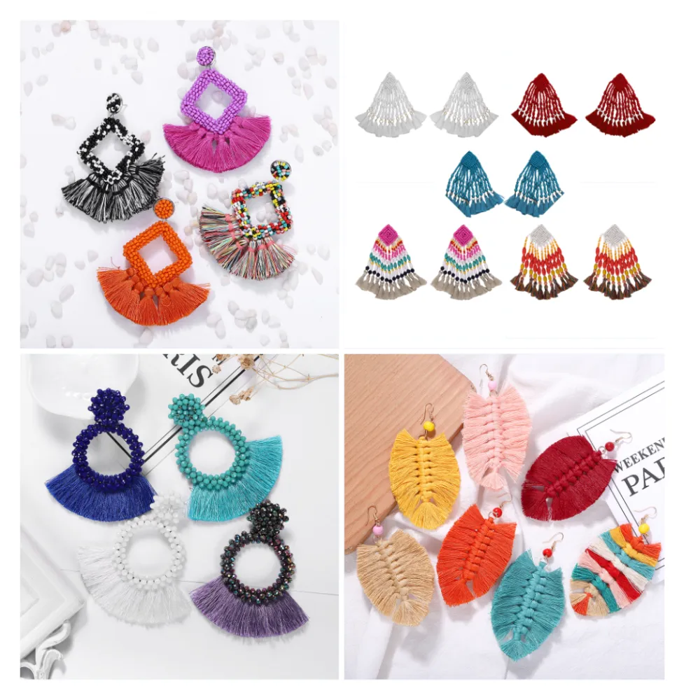 Bohemian ethnic style hand-woven rice beads cloth earrings