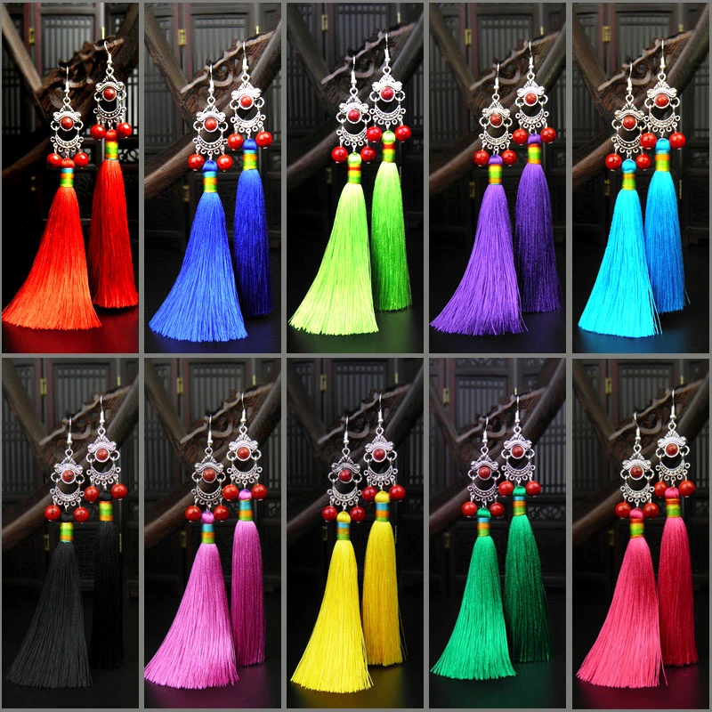 Ethnic style long tassel earrings