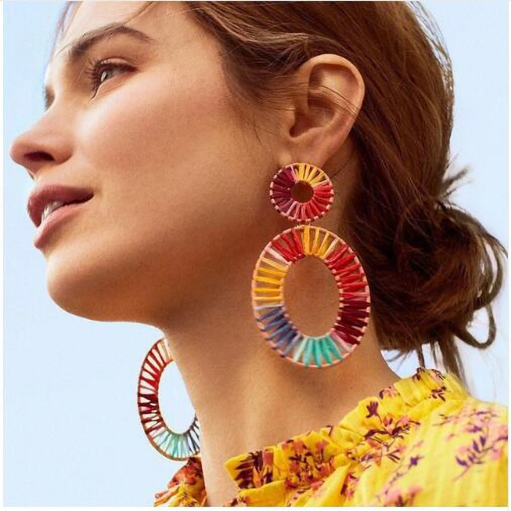 Hollow section dyed colorful straw woven earrings