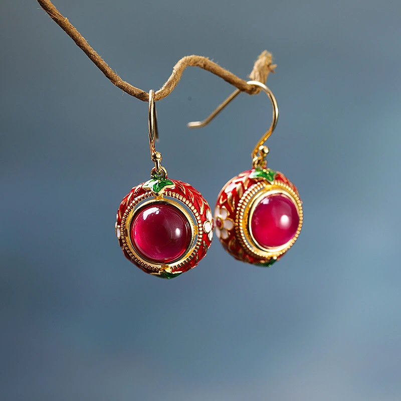 Ethnic style enamel red corundum earrings