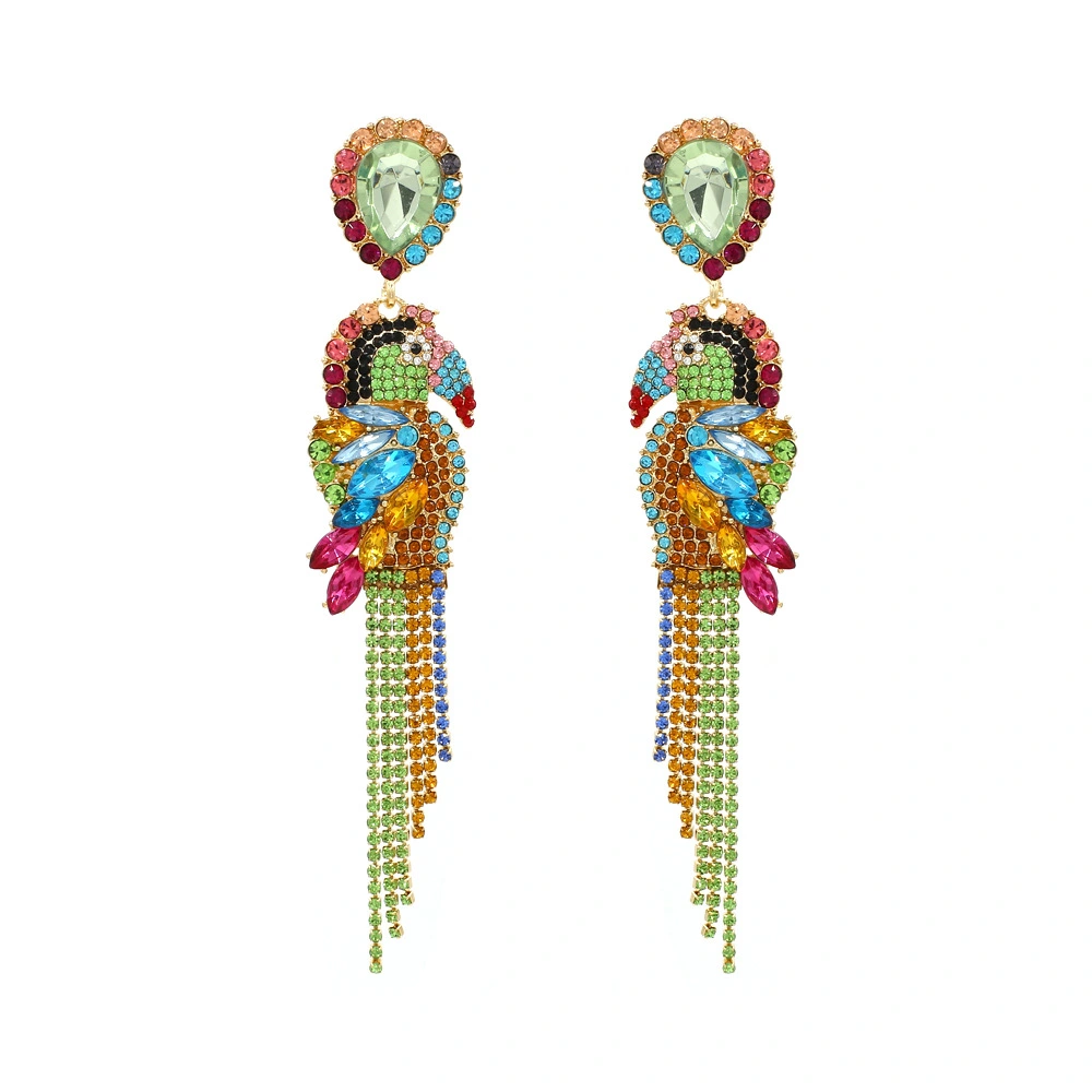 Parrot and diamond tassel earrings