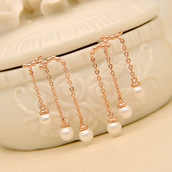 Korean Water Drop Three-Layer Pearl Long Earrings