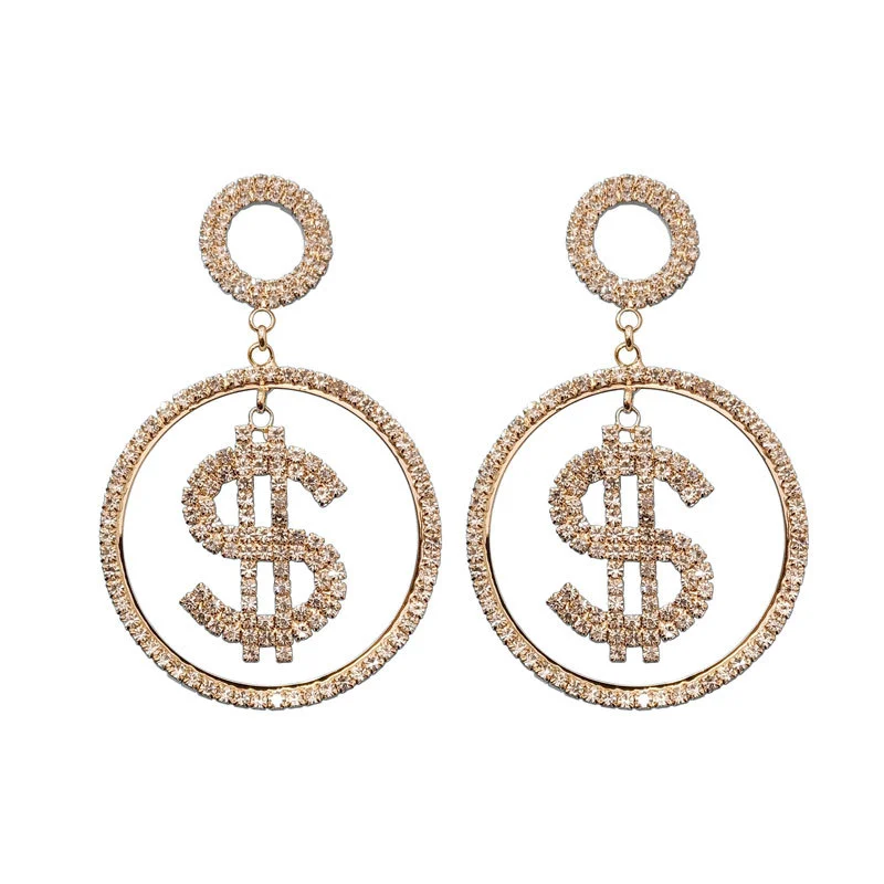 Dollar Letter Symbol Coin Rhinestone Exaggerated Earrings