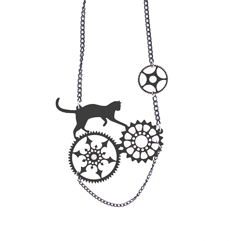 Black cat gear necklace pendant sweater chain