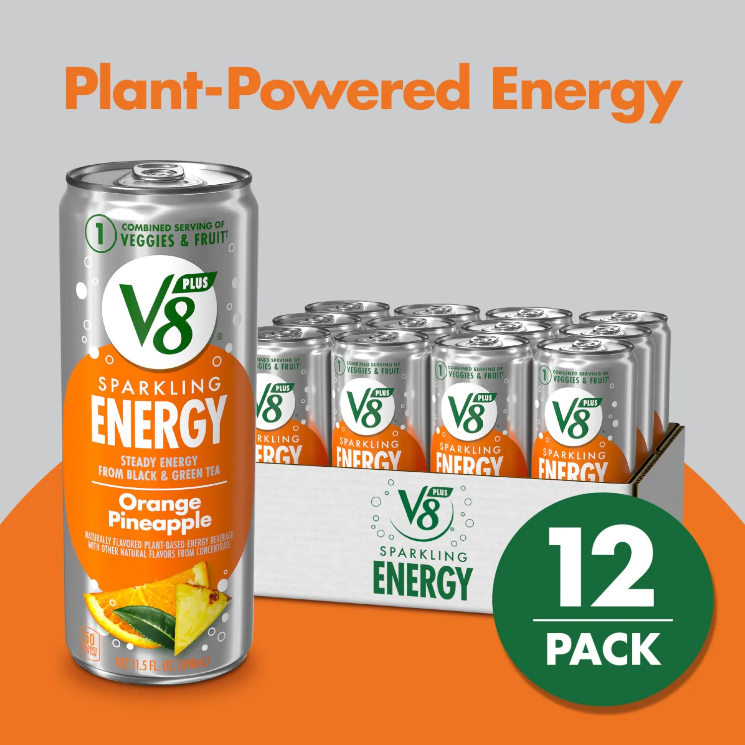 V8 +Energy Sparkling Orange Pineapple Juice Energy Drink, 11.5 fl oz Can (12 Pack)