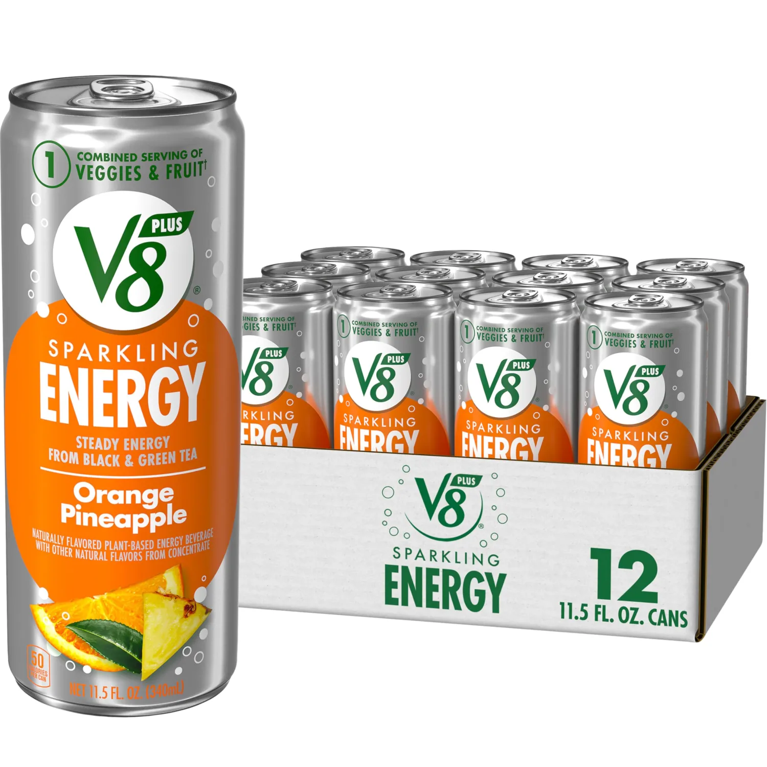 V8 +Energy Sparkling Orange Pineapple Juice Energy Drink, 11.5 fl oz Can (12 Pack)