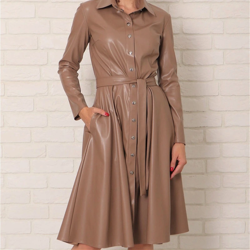 Ladies Long Sleeve Lapel Collar PU Leather Skirt A-line Button Belt Dress