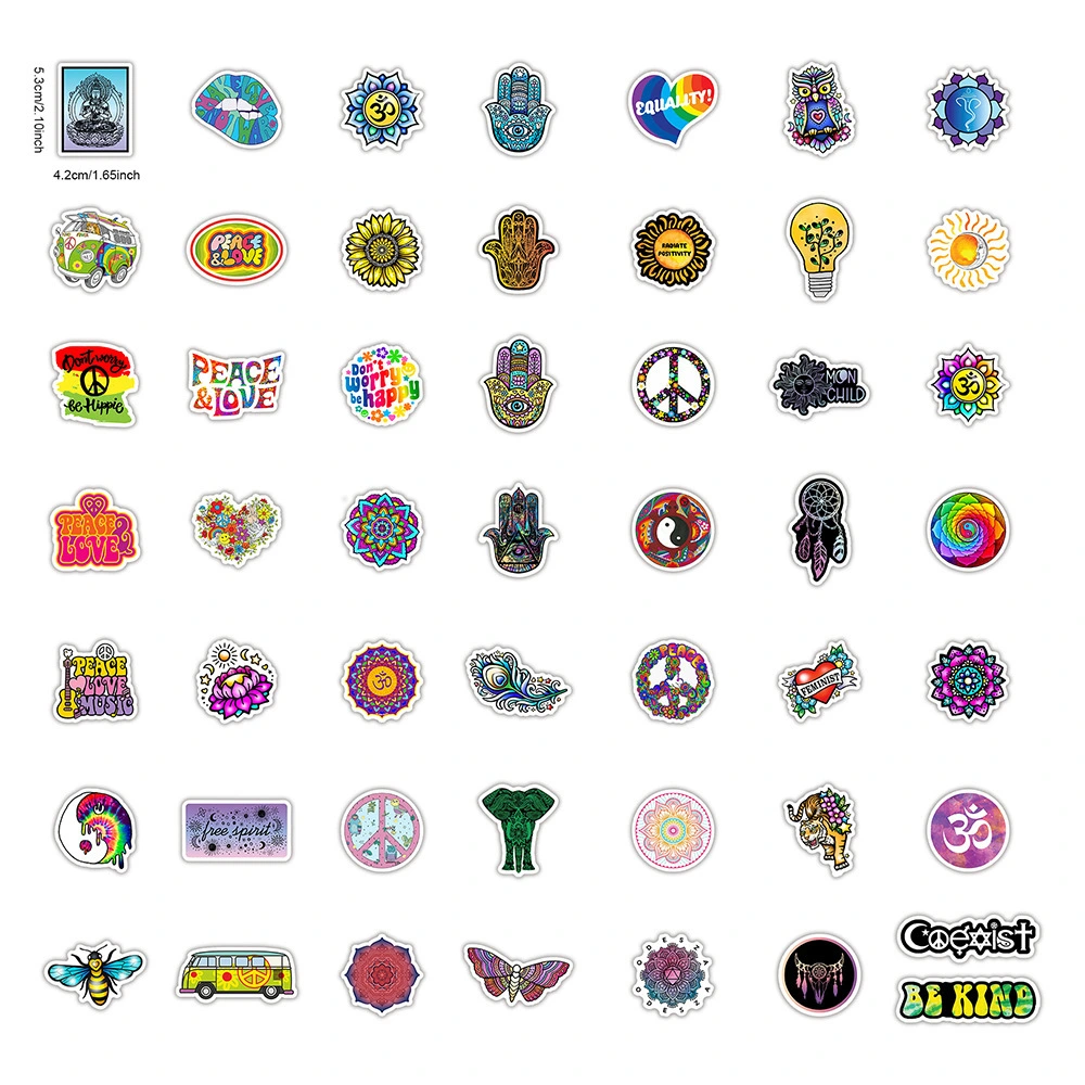 50 Retro Hippie Stickers Love And Peace Motorcycle Laptop Suitcase Skateboard DIY Diary Stationery PVC Waterproof Stickers 9 Orders