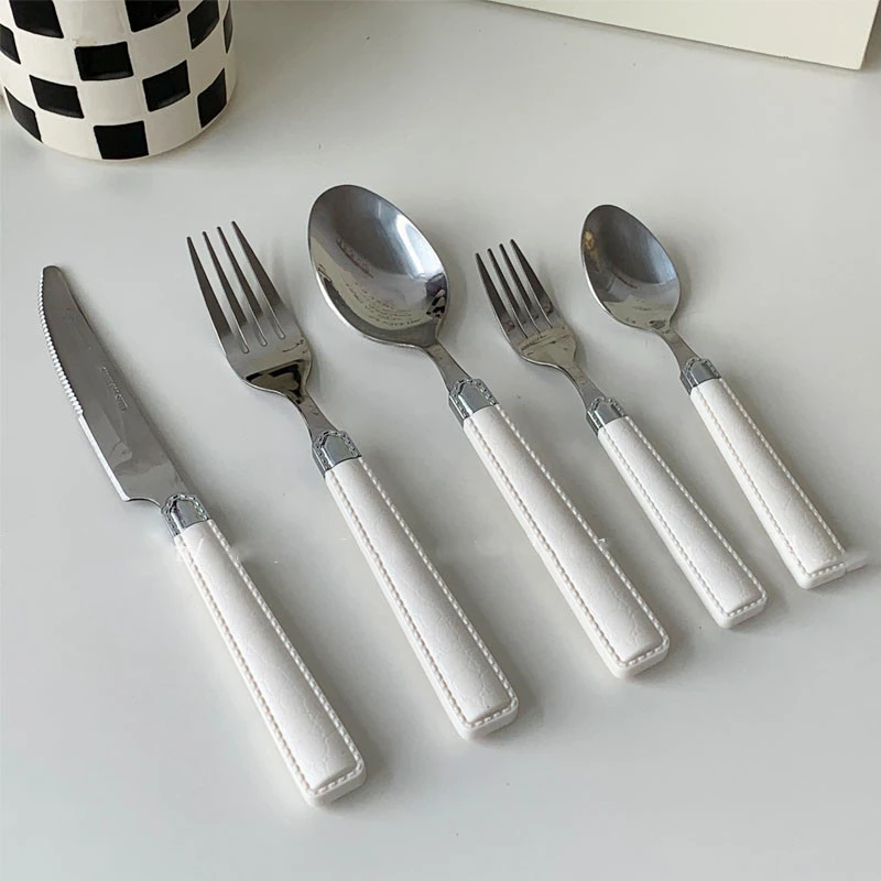 Three-piece Stainless Steel Knife Fork And Spoon Set With  Leather Texture