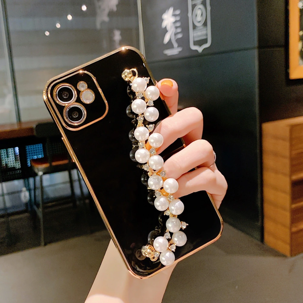 New Pearl Bracelet Electroplating 6D Straight Edge Phone Case