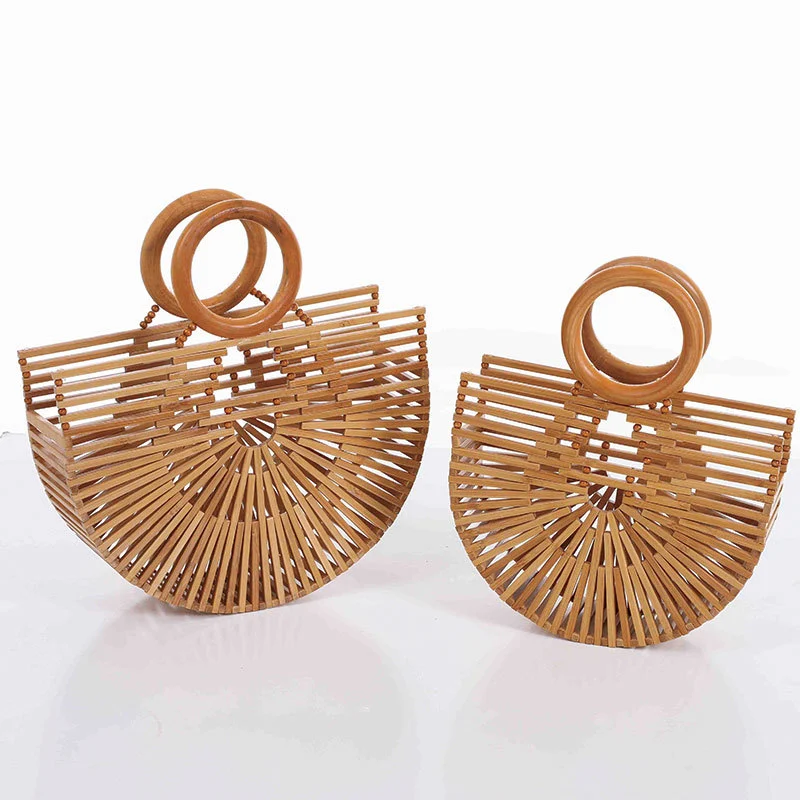 Portable Bamboo Basket Straw Beach Bag