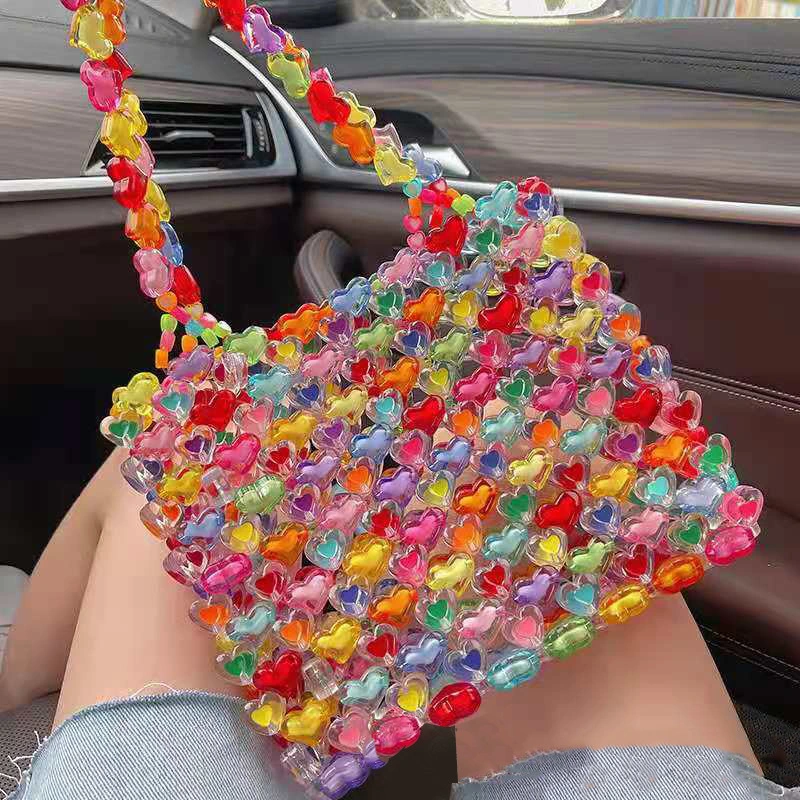 Transparent Colorful Contrast Color Love Beaded Handbag