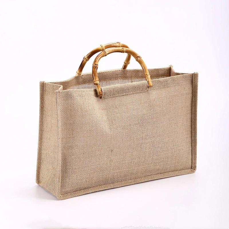 Ladies Simple Bamboo Handle Cotton Linen Tote Bag