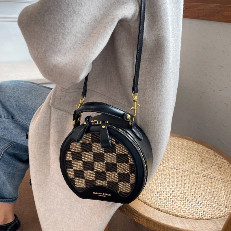 Checkerboard Contrasting Color Checkered Small Round Tote Zipper