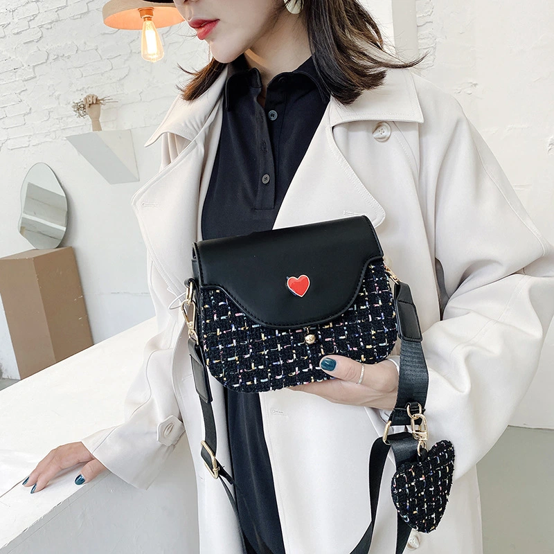 All-match woolen woven one-shoulder wide bag small square bag
