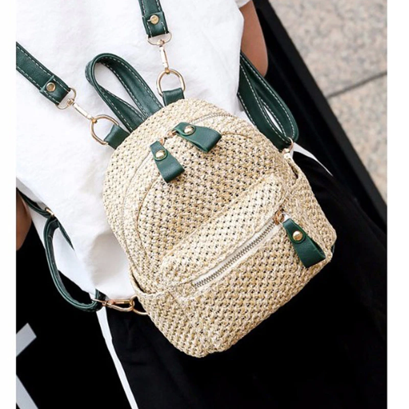 Straw Woven Backpack Small  Hollow Solid Color