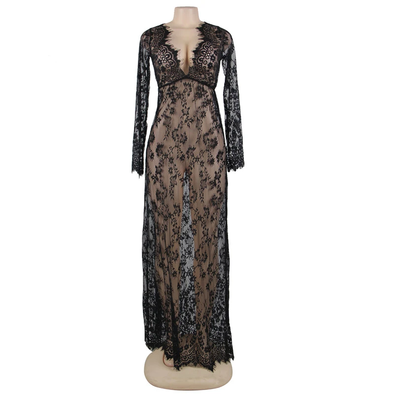 European And American Sexy Lingerie Plant Flower Hollow Eyelashes Perspective Lace Long-sleeved One-piece Dress