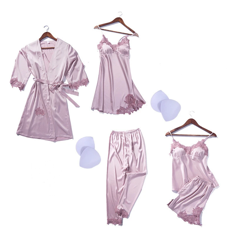 Imitation Silk Pajamas With Chest Pad Hanging Skirt Flower Nightgown Embroidery Short Hanging Nine-Point Trousers Six-Piece Suit