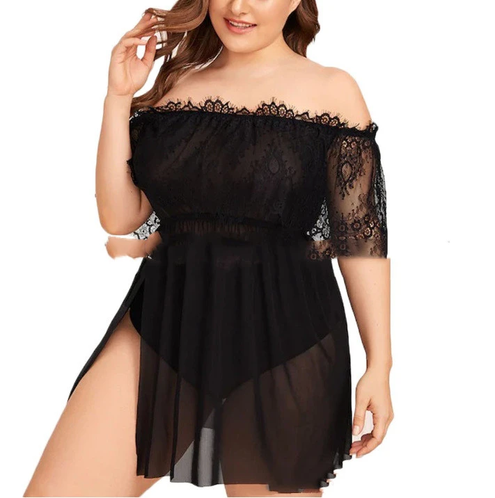 Black Lace Semi-permeable Large Size Fat Woman Off-the-shoulder Nightdress