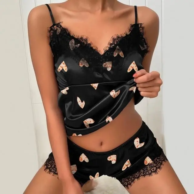Ladies Eyelash Lace Decoration Polka Dot Printing Satin Suspender Pajamas Suit