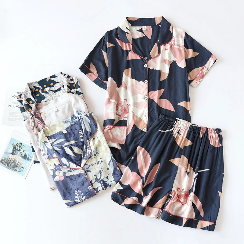 Printed Rayon Short-sleeved Shorts Pajamas Set Lapel Cardigan Ladies Home Service