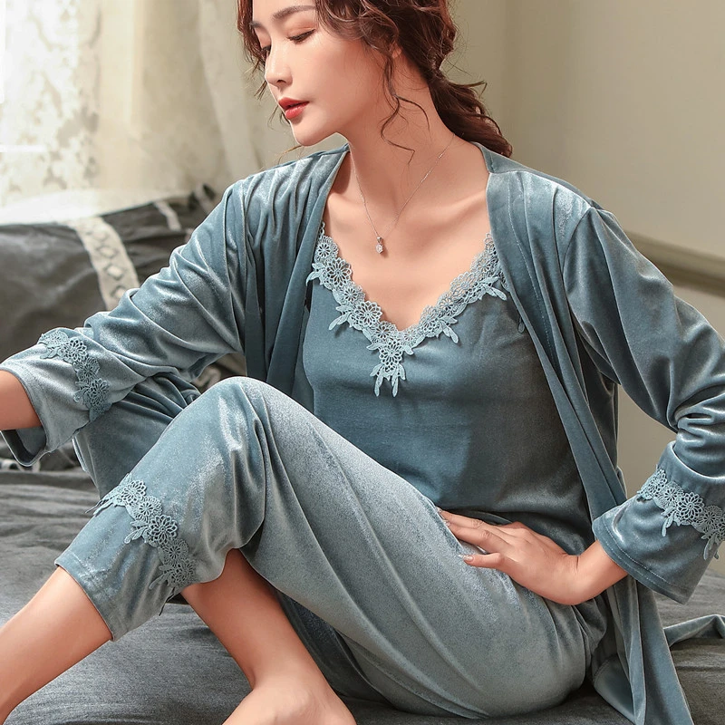Three-piece spring and autumn golden velvet pajamas