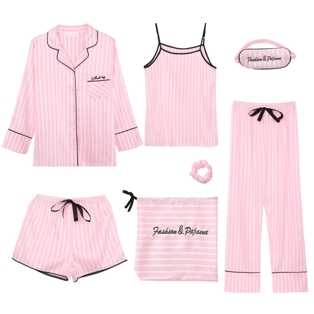 Spring and Autumn Summer Seven-piece Long Sleeve Shorts Sling Striped Ice Silk Homewear Set