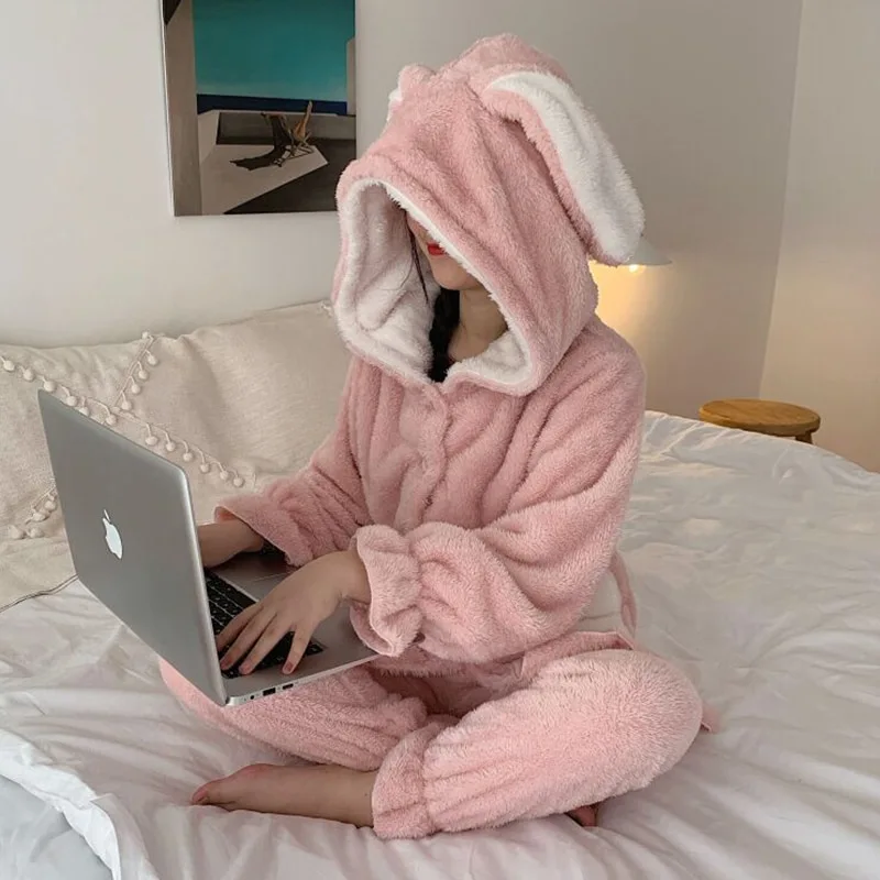 Coral Velvet Pajamas Women's Autumn Winter Princess Wind Hooded Home Wear Two Piece Set