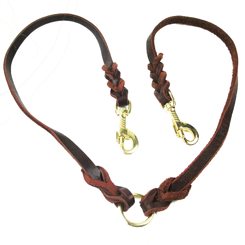 Cowhide Rope Double Hook Traction Two Dogs Traction Leather Rope