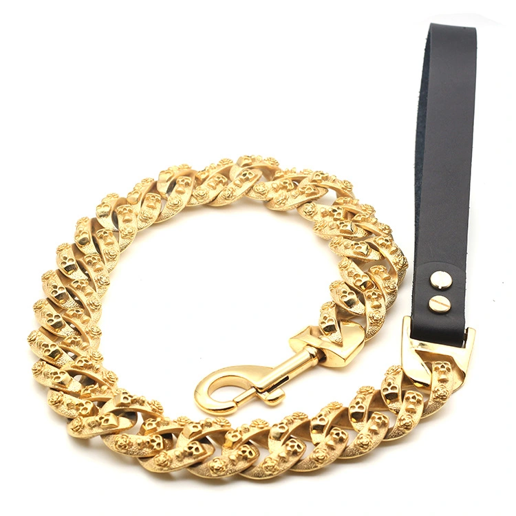 Golden Stainless Steel Leather Dog Chain