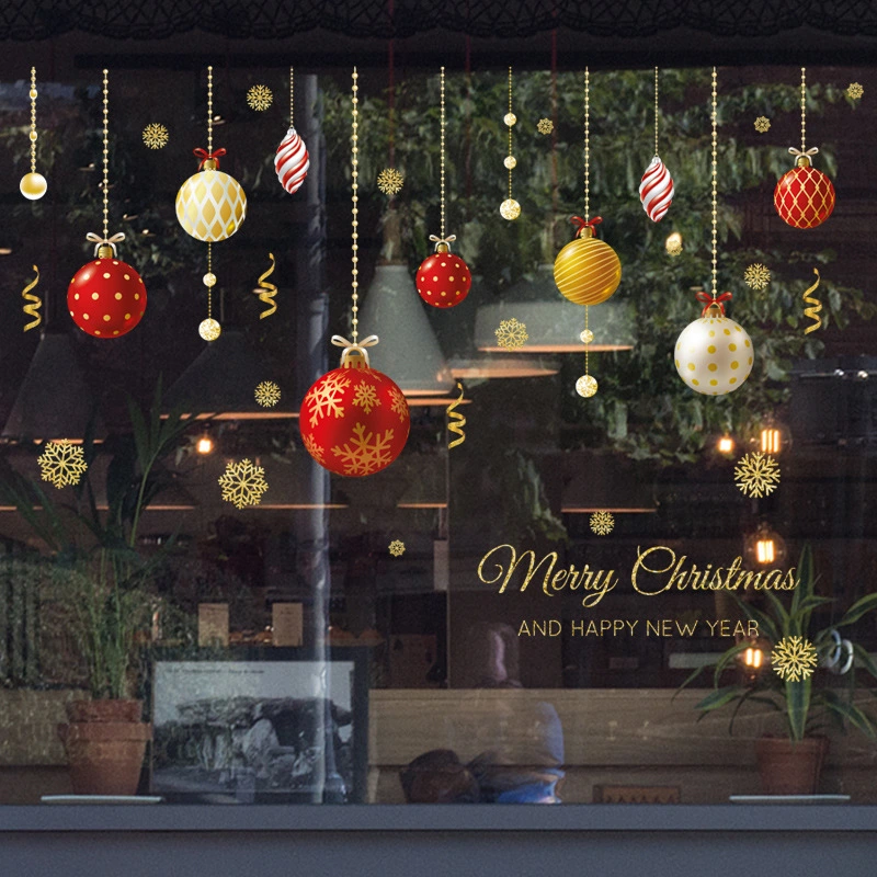 Window Golden Christmas Ornaments With Colored Balls Stickers