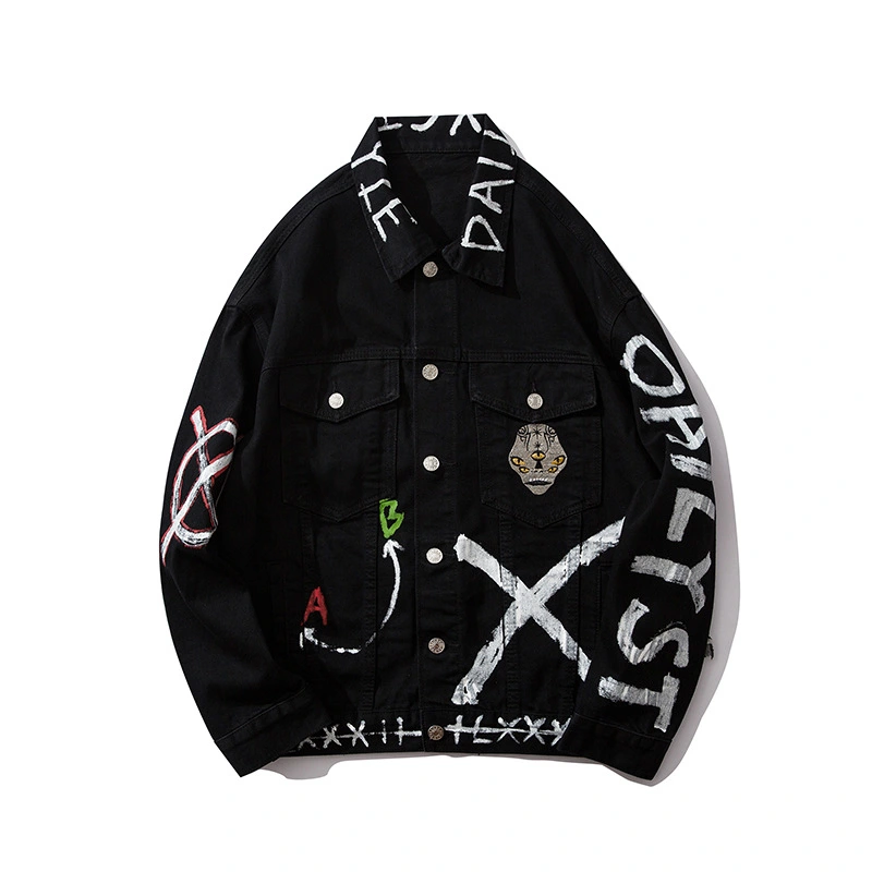 Letter graffiti print black denim jacket