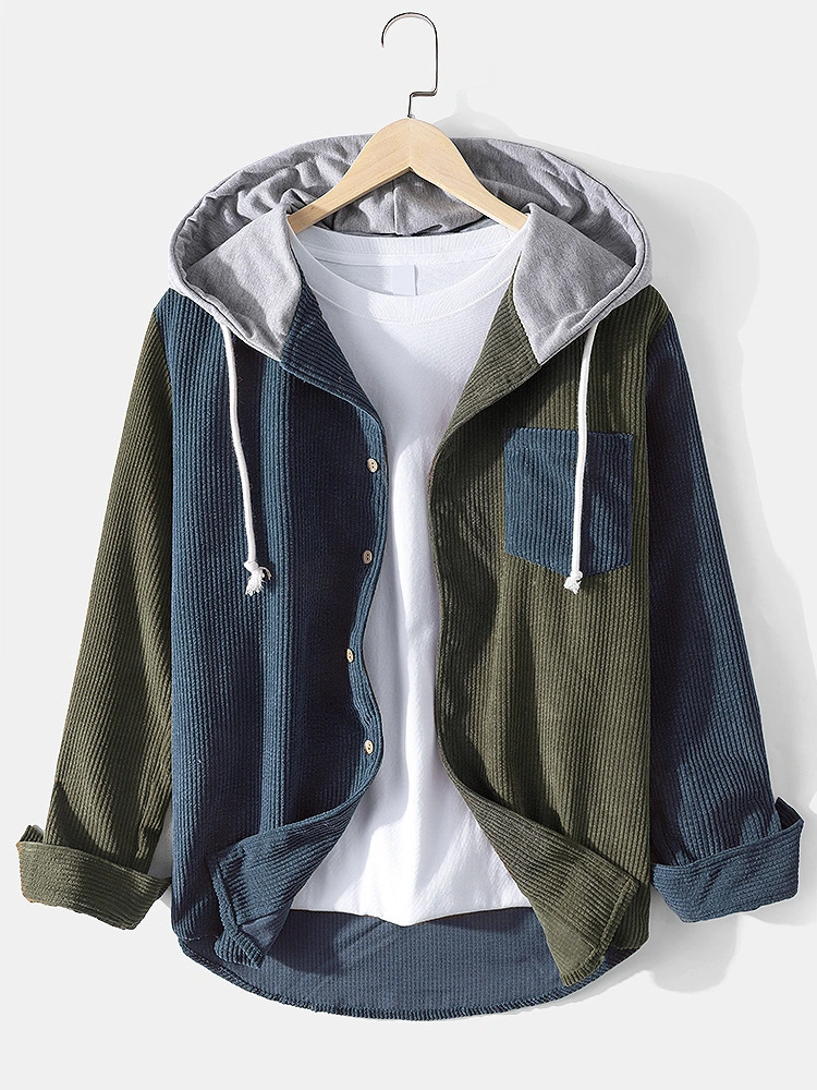 Corduroy Fabric Lapel Button Button Hooded Men's Long-sleeved Shirt