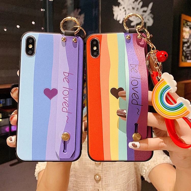 Apple 12 Mobile Phone Case Gradient Color Rainbow Love Wrist Support With Pendant Protective Cover