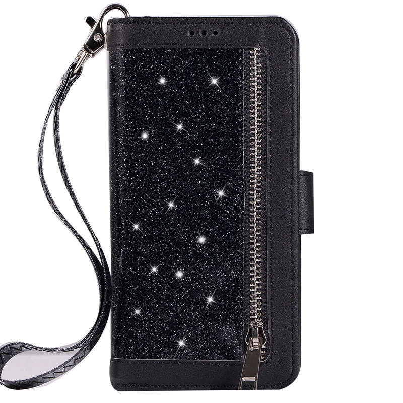 Glitter zipper bag flip cover stand phone case