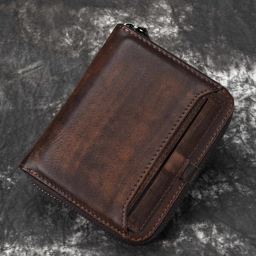 Men'S Short Head Leather Wallet Men'S Retro Wallet Vertical Zipper Leisure Youth Wallet