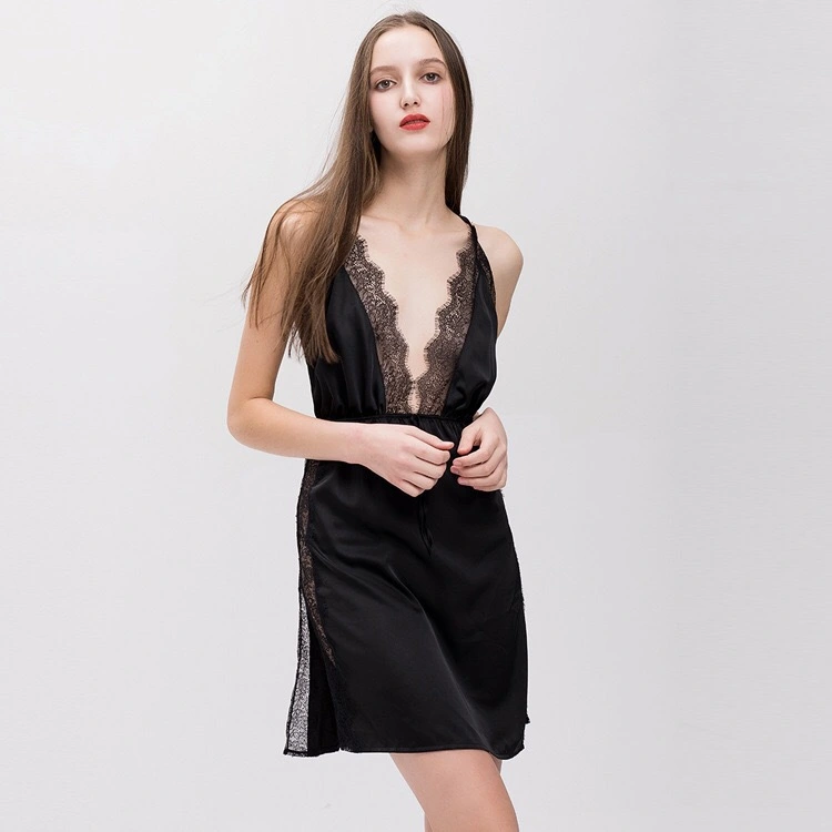 Female Big V-neck Beauty Back Sling High Slit Nightdress Sexy Lingerie